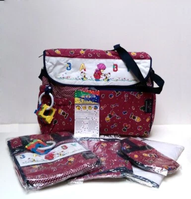 Vintage EK Embroidered Baby Bottle Diaper Bag Set w Rattles Polka Dots, Burgundy - Image 1 of 4