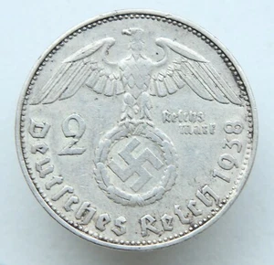1938 GERMANY 2 MARK E DEUTSCHES REICH SILVER COIN EXCELLENT CONDITION HINDENBURG - Picture 1 of 2