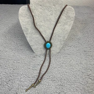 Bolo Tie Western Faux Turquoise Bronze Tone Pendant Brown Cord Cowboy Cowgirl - Picture 1 of 6
