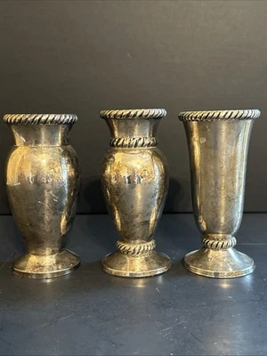 "Juego de 3 jarrones enchapados en plata Pottery Barn diseño de cuerda 5"" clásicos" Foto 1 de 4