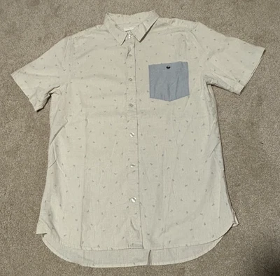 Camisa Moderna Diversión Marfil Beige y Azul Bolsillo Manga Corta Con Botones Talla L Foto 1 de 4