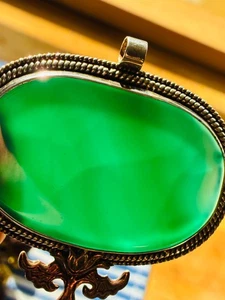 Vintage 925 Silber Malachit Anhänger groß oval geflochten grün 2 1/2 x 2 5/8" SCHÖN - Bild 1 von 4