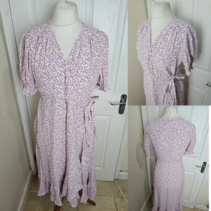 Size 12 M&S Per Una Pink Purple Ditsy Floral Print Midi Tiered Wrap Dress Summer - Picture 1 of 8