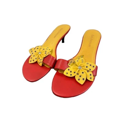 Y2K Enzo Angiolini Mules 女式 7M 红色黄色一脚蹬中跟鞋夏季花朵 — 第 1/4 张图片