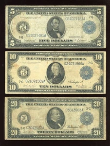 Set of 1914 $5 $10 $20 Federal Reserve Note Large Size Blue seal - Picture 1 of 2