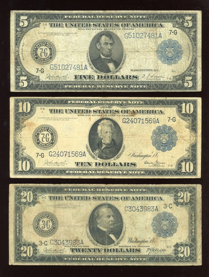Set of 1914 $5 $10 $20 Federal Reserve Note Large Size Blue seal - Image 1 of 2