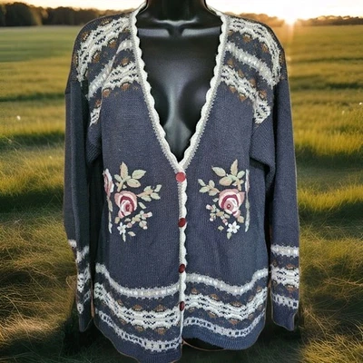 De Colección Dana Scott Damas M Gris Cárdigan Suéter Rosa Floral Diseño Bordado Foto 1 de 4