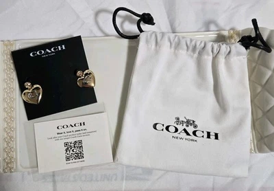Coach Signature Heart Drop Earrings Gold Tone Crystal - Image 1 of 3