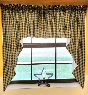 Country Primitive绿色格子Homespun Swags 36英寸全衬里手工窗帘 — 第 1/2 张图片