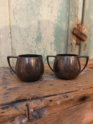 Vintage Art Deco Silverplate Creamer & Sugar Bowl Set Unmarked Tarnished Patina - image 1 of 4