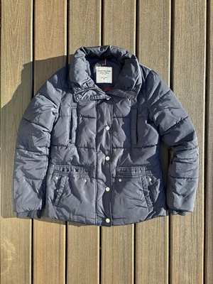 女式蓝色 Tommy Hilfiger 绗缝 Puffer 夹克外套带纽扣小号 * 阅读 * — 第 1/4 张图片