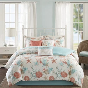 100% Cotton Comforter Set - Coastal Coral, Starfish Design All Season Down Al... - Picture 1 of 8