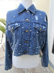 Wild Honey Women's Denim Blue Crop Jean Jacket Embellished Pearl Distressed Sz M - Picture 1 of 12