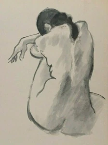 LISTED AMERICAN ED BRODKIN Sd ORIGINAL CHARCOAL DISCREET FEMALE NUDE FROM BEHIND - Picture 1 of 12