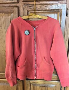 Vintage 1960s Red Faded Zip Up Sweatshirt Jacket Slant Pockets S/M