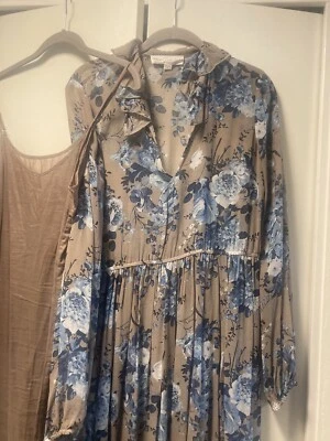 Robert Rodriguez SILK taupe blue floral dress babydoll ruffle Dark Academia midi - Image 1 of 4