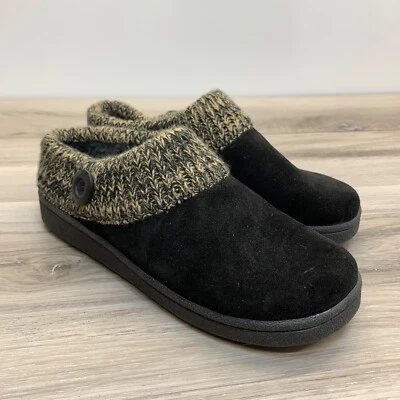 Clarks Womens Size 8M Black Leather Faux Fur Slip On Clog Slippers Knit Trim - Image 1 of 4