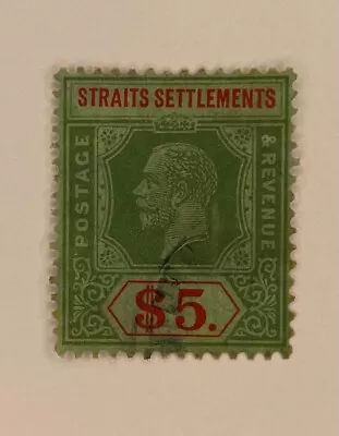  #167 Sello único verde y rojo $5 Straits Settlement 1915 usado F083 Foto 1 de 2