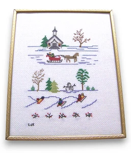 Retro Hand Embroidered Framed Picture Decor Winter Scene Church Sledding Snow - Picture 1 of 3