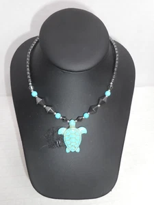 Turtle Turquoise Necklace 18" Stone Pendant Hematite Beads Boho Nice Sea Beachy - Picture 1 of 10