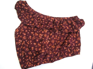 Hippie Rose Gr. Lg One Shoulder Kurzarm Crop Top Rüschen Burgund/Blumen - Bild 1 von 7