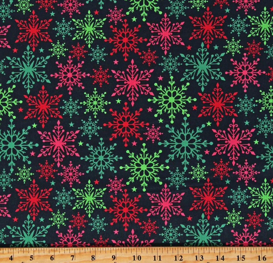 DAVID TEXTILES Cotton Red and Green Bright Snowflakes on Black Fabric Print by the Yard D415.37