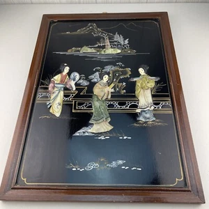 Arte de pared en relieve asiático madreperla de colección hecho en Macao 22"x16" lacado - Imagen 1 de 23