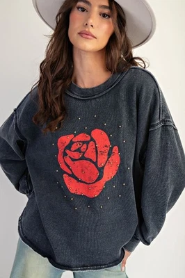 Easel Women's Rose Floral Print Mineral Washed Studded Sweatshirt Top - Image 1 of 4
