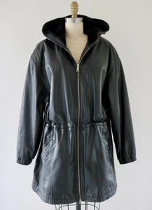 Wilsons Leather Black Hooded Faux Fur Lined Vintage Chic Jacket Coat Size XL - Picture 1 of 7