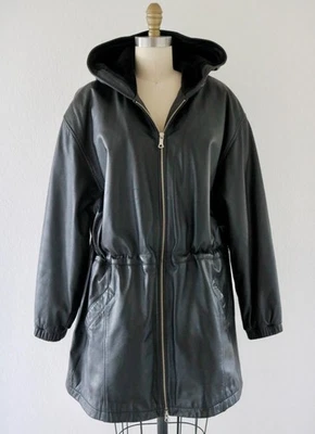 Wilsons Leather Black Hooded Faux Fur Lined Vintage Chic Jacket Coat Size XL - Image 1 of 4