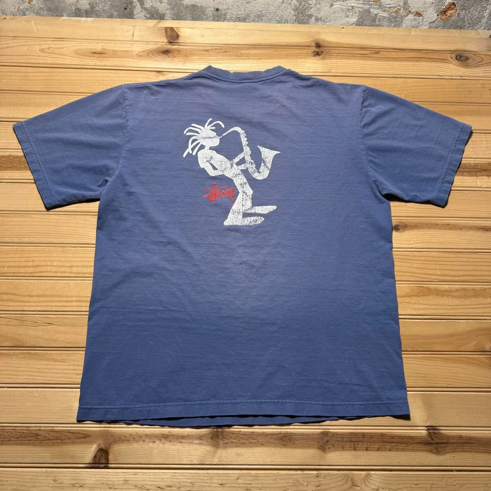 Винтажный 90-х Stussy открытый саксофон графический футболка мужская большой - выцветший - Изображение 1 из 4