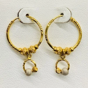 916 22k Yellow Gold Round Hoop Dangle Drop Diamond Cut Hook Earrings 20mm 4.3g - Picture 1 of 6