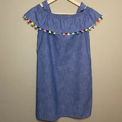 Vestido recto Lands’ End hombro frío niñas talla 12 cambray pompón ribete Foto 1 de 4