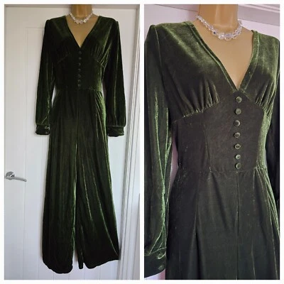 Vintage 1930s 1970s Inspired Forest Green Velvet Christmas Party Jumpsuit Sz 10 - Image 1 of 4