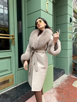 100% Alpaca Women's Winter Coat Real Fox Fur Long Overcoat Stylish Soft Beige - Image 1 of 4