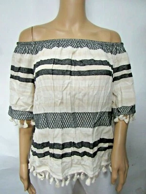 Lisa & Lucy Light Beige & Black Linen Off The Shoulder Striped Fringe Top Size M - Image 1 of 4