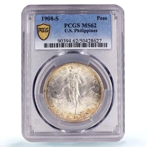 Philippines 1 peso US Decimal Coinage Small Type MS62 PCGS silver coin 1908-S - Picture 1 of 4