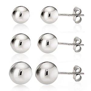 Silver 925 High Polished Round Ball Stud Earrings - Set Of 3 Sizes: 6mm 7mm 8mm - Picture 1 of 7