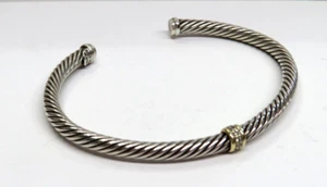 David Yurman Sterling Silver & 18K Gold Diamond Cable Cuff Bracelet - Picture 1 of 12