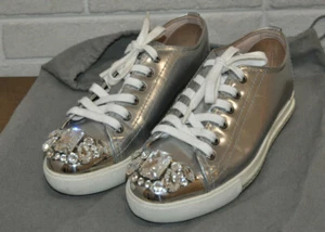 Authentic Miu Miu Silver Polished Leather Crystal Sneakers,size 34.5/US4.5 USED - Picture 1 of 12