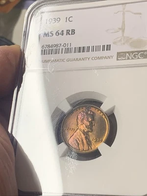 1939 P LINCOLN WHEAT ONE CENT NGC MS 64 RB 1C COIN PENNY GEM Original Color 1c - Image 1 of 4