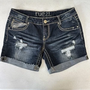 Y2K Rue 21 Jean Shorts Dark Wash Distressed Embroidered rips & Holes Size 9/10 - Picture 1 of 12