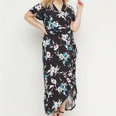 Lane Bryant Floral Faux Wrap Maxi Dress Size 14/16 Hi Low Ruffled Hem Ties Side - Image 1 of 4