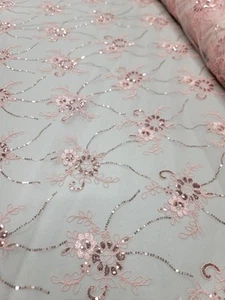 Blush Floral Lace Fabric By The Yard Sequins Mesh Embroidery For Dress Tableclot - Picture 1 of 14