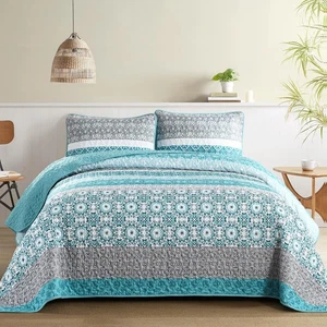 WONGS BEDDING Boho Quilt Set King Size,Teal Bohemian Striped Patchwork Bedspr... - Picture 1 of 7