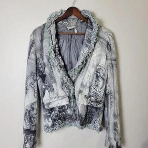 Alberto Makali Women’s Floral Knit Jacket 2-Button Sz Med Ruffles Feminine Gray - Picture 1 of 6