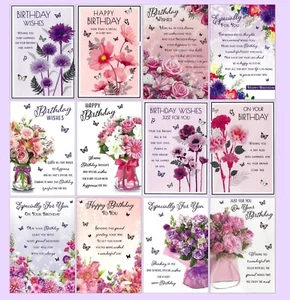 PACK OF 12 Birthday Cards - Female Open Multipack Multi Flowers Lady Verse Card - Picture 1 of 8