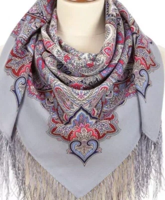 35” Scarf merino wool Russian square shawl Gray Pavlovo Posad head shawl 2077 - Image 1 of 4
