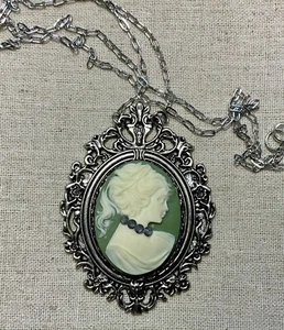 Vintage Style Cameo Necklace- Lady On A Green Background, Crystals , 30” Chain - Picture 1 of 5