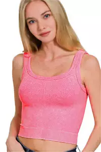 Zenana Washed Ribbed Scoop Neck Wide Strap Tank - Picture 1 of 4